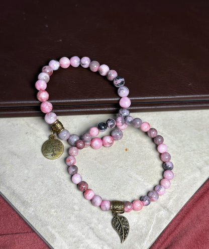 Pink Zebra Jasper Dual Bracelets - Bronze Tree Charms