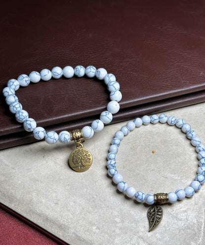White Turquoise Dual Bracelets - Bronze Tree Charms